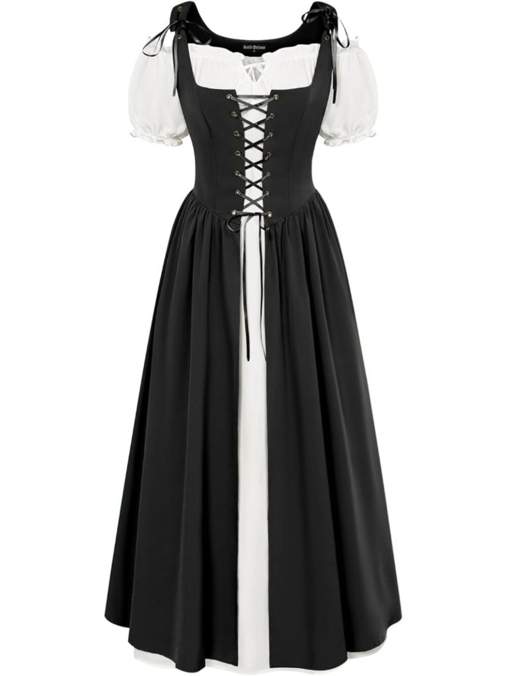 Women's Black Short Sleeve Peasant Medieval Pockets Maxi Costume Dress